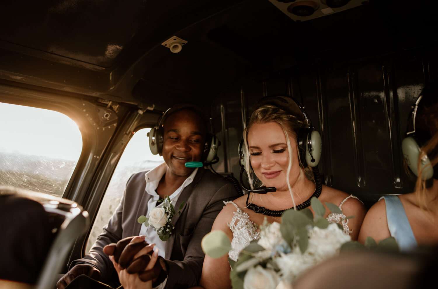 bride and groom in the helicopter